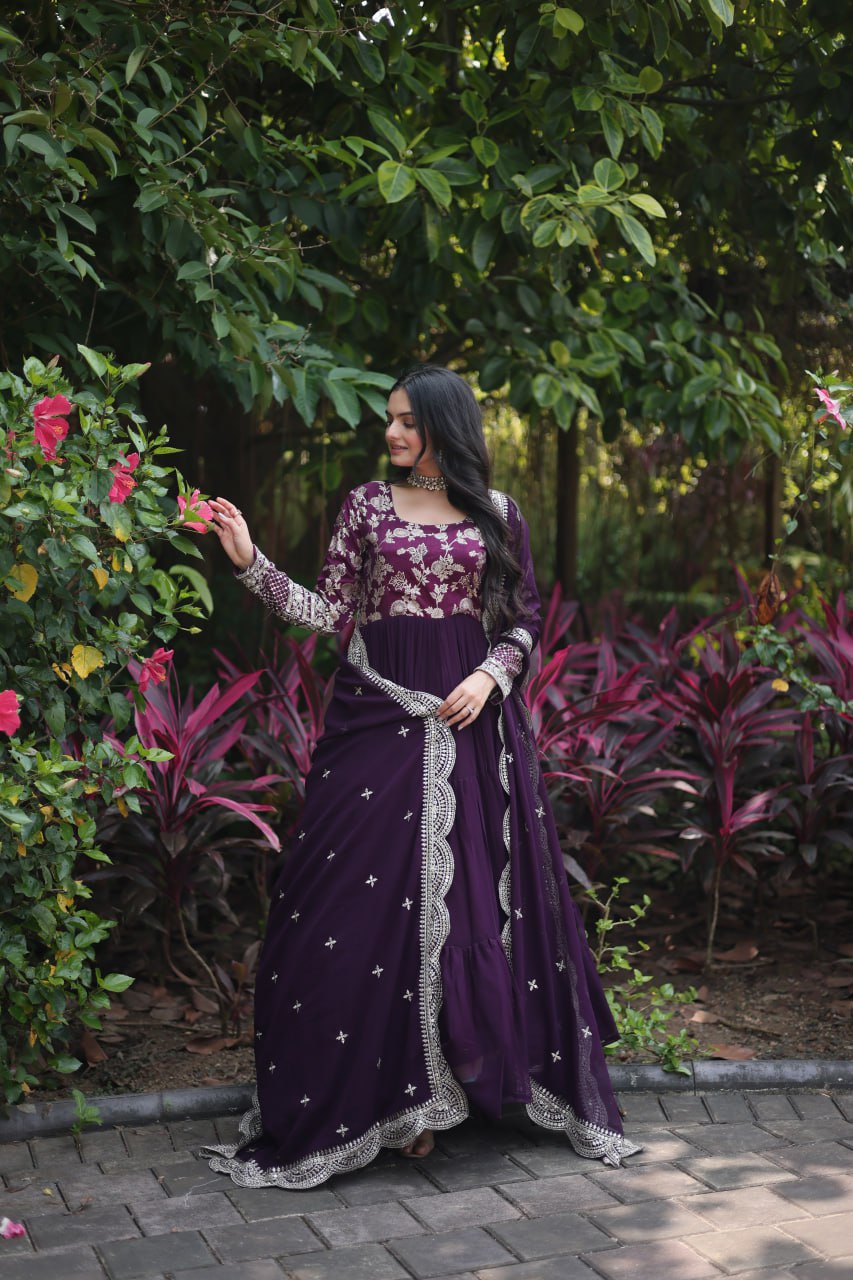 Enticing Faux Georgette Sequins Embroidered Festive Wear Gown - INDIAN ELEGANCE