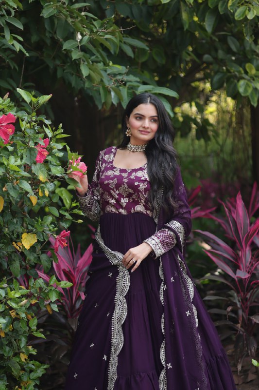 Enticing Faux Georgette Sequins Embroidered Festive Wear Gown - INDIAN ELEGANCE