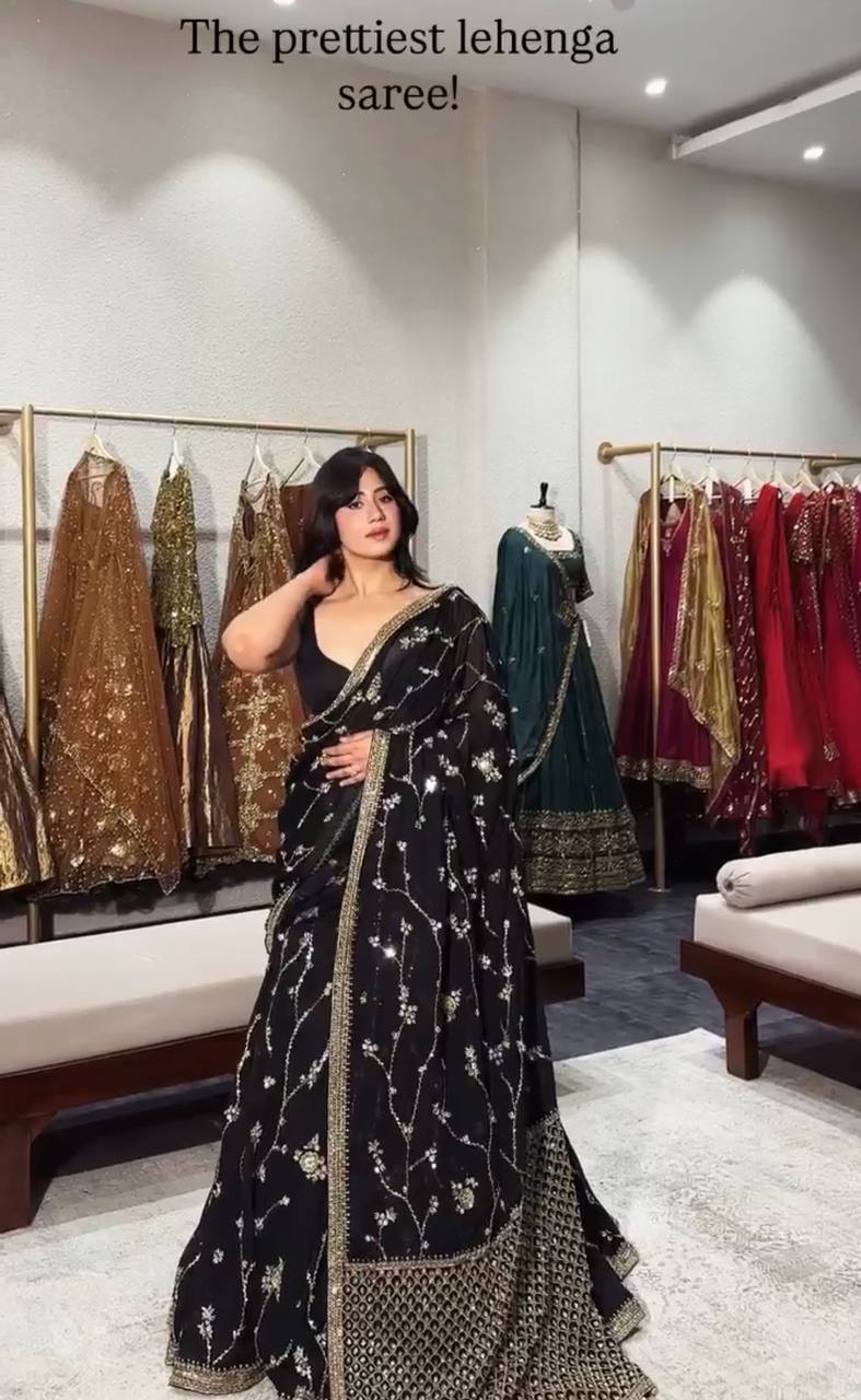 Black Faux Georgette Lehenga Saree with Embroidered Blouse & Dupatta for Women | Ready-to-Wear Party Wear