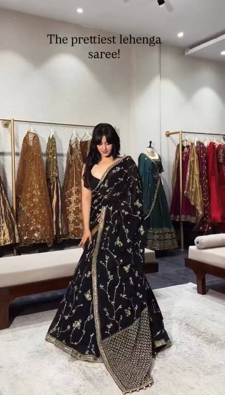 Black Faux Georgette Lehenga Saree with Embroidered Blouse & Dupatta for Women | Ready-to-Wear Party Wear