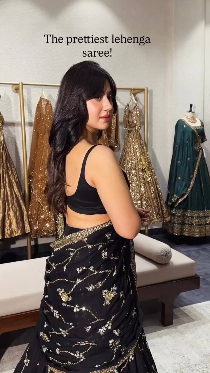 Black Faux Georgette Lehenga Saree with Embroidered Blouse & Dupatta for Women | Ready-to-Wear Party Wear