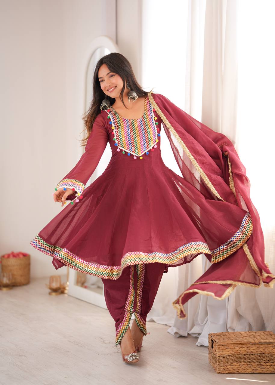 Maroon Embroidered Dhoti Suit Set with Dupatta for Women | Crunchy Fabric Festive & Party Wear Ethnic Outfit
