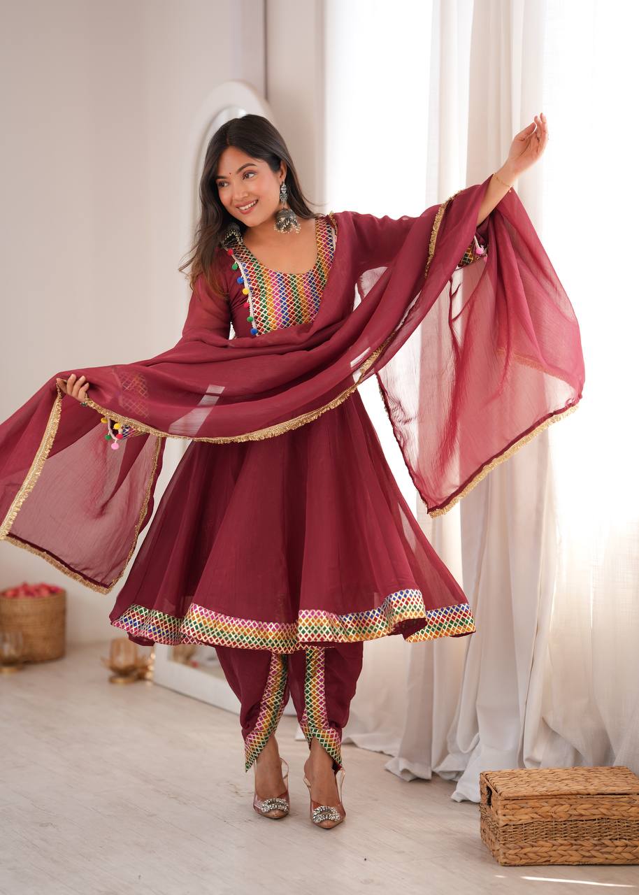 Maroon Embroidered Dhoti Suit Set with Dupatta for Women | Crunchy Fabric Festive & Party Wear Ethnic Outfit