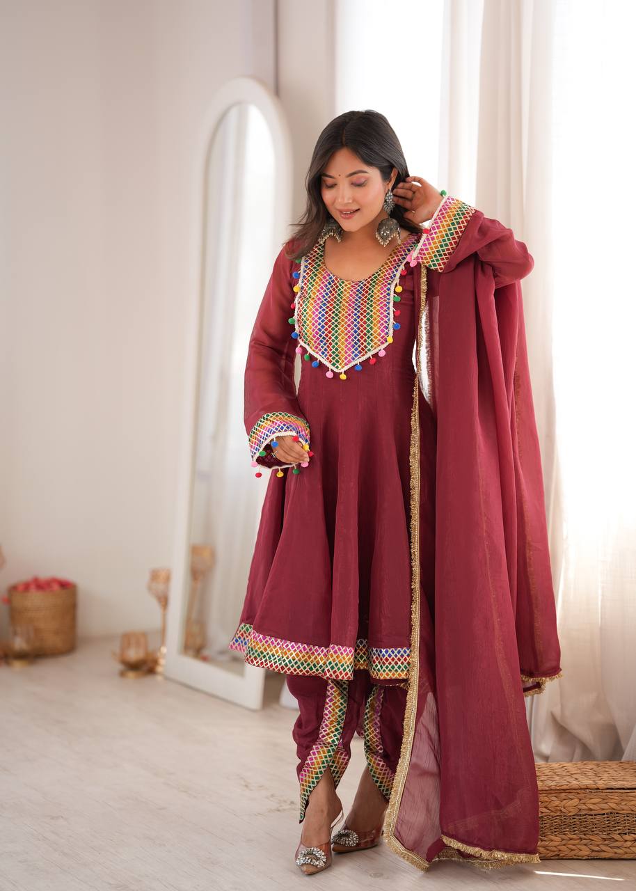 Maroon Embroidered Dhoti Suit Set with Dupatta for Women | Crunchy Fabric Festive & Party Wear Ethnic Outfit