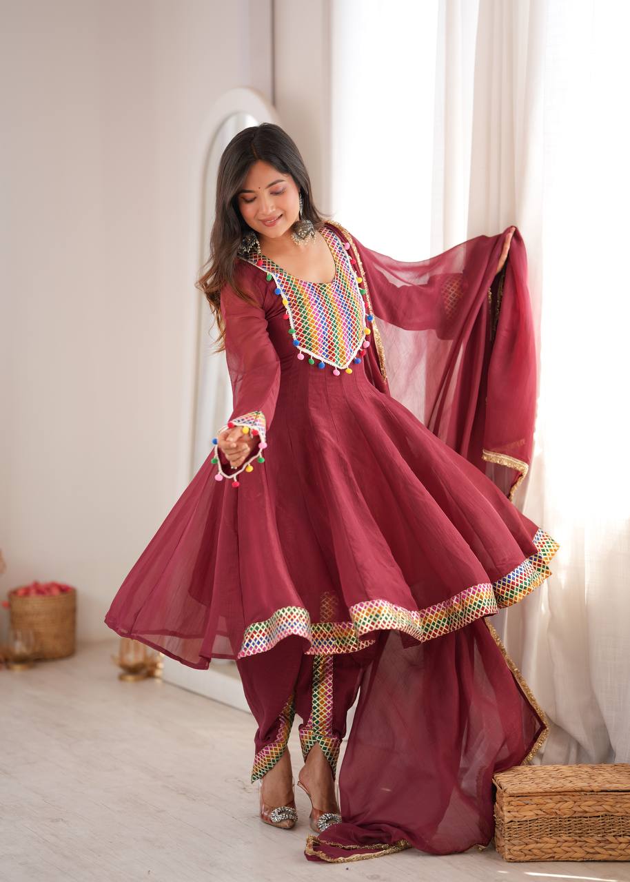 Maroon Embroidered Dhoti Suit Set with Dupatta for Women | Crunchy Fabric Festive & Party Wear Ethnic Outfit
