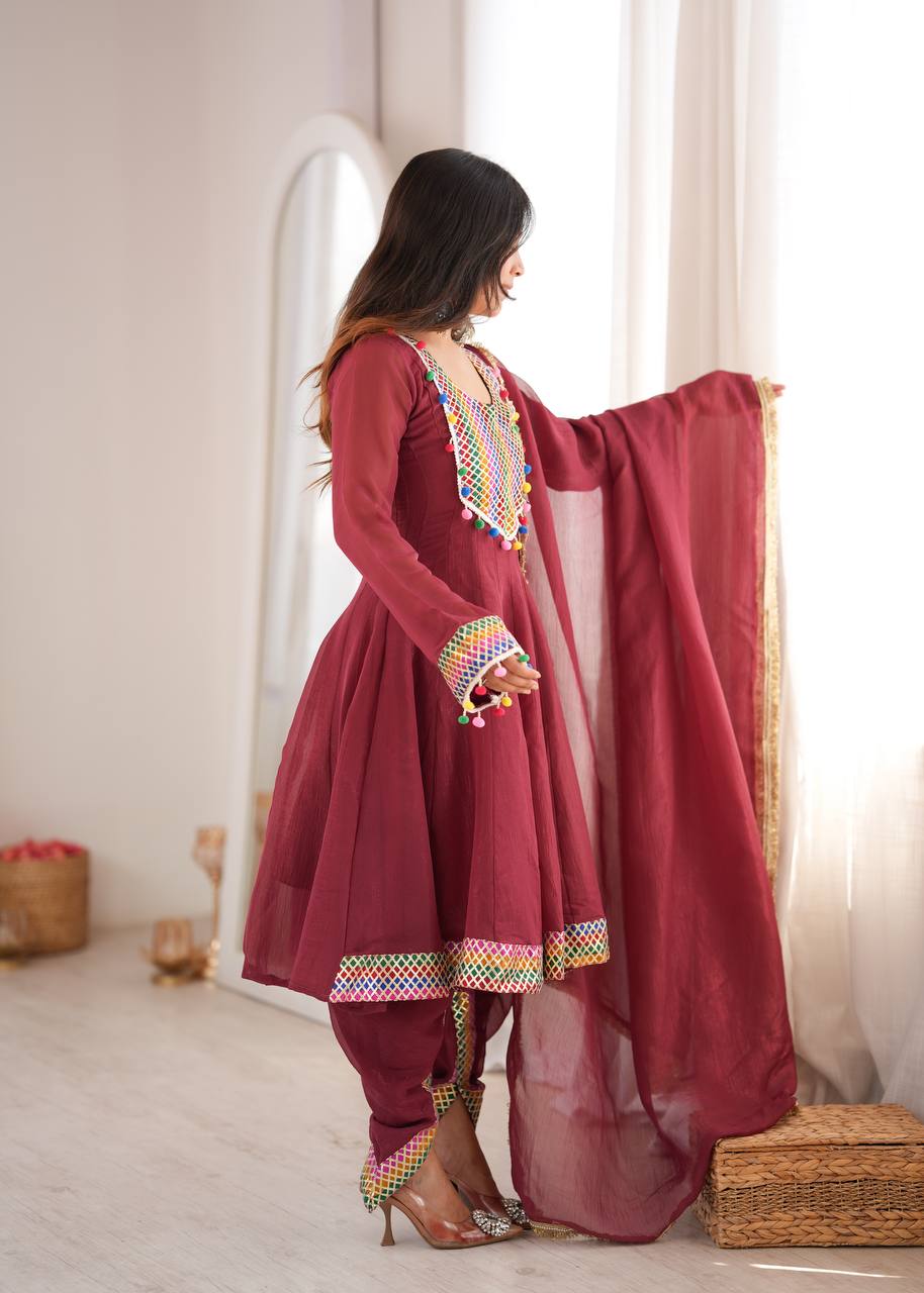 Maroon Embroidered Dhoti Suit Set with Dupatta for Women | Crunchy Fabric Festive & Party Wear Ethnic Outfit