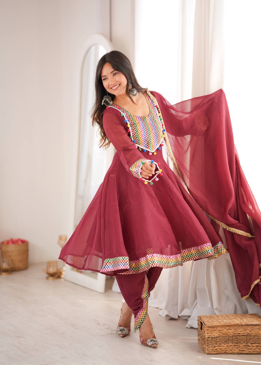 Maroon Embroidered Dhoti Suit Set with Dupatta for Women | Crunchy Fabric Festive & Party Wear Ethnic Outfit