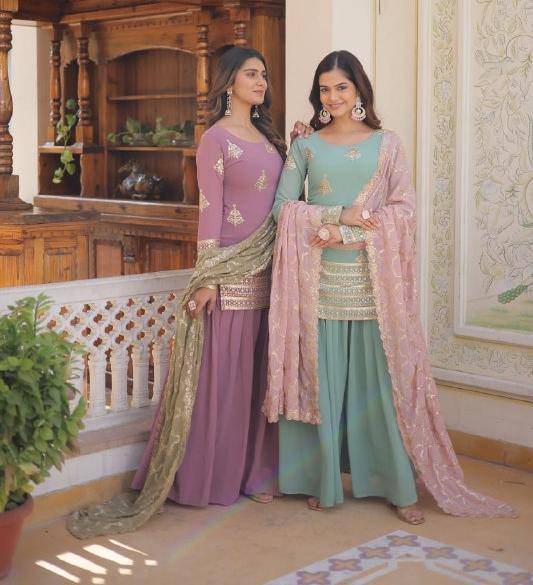 Dazzling Faux Georgette Sequins Embroidered Top Palazzo Suit - INDIAN ELEGANCE