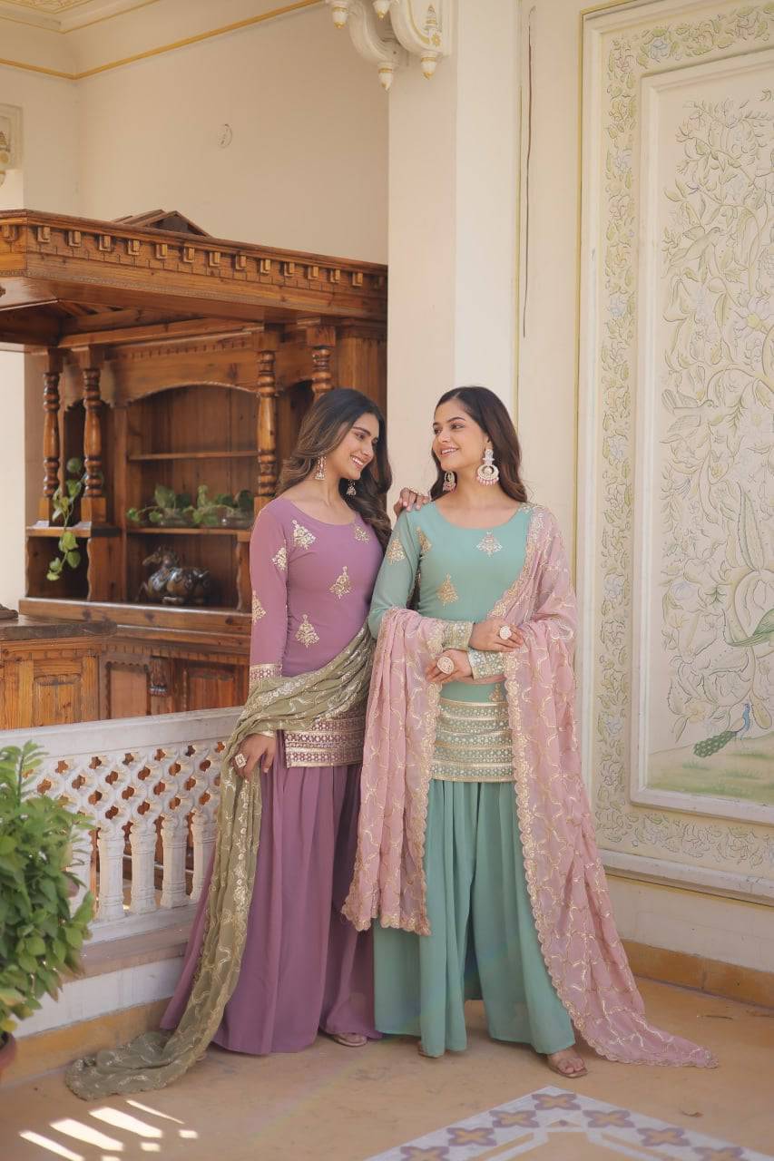 Dazzling Faux Georgette Sequins Embroidered Top Palazzo Suit - INDIAN ELEGANCE