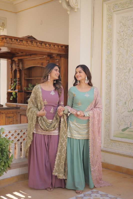 Dazzling Faux Georgette Sequins Embroidered Top Palazzo Suit - INDIAN ELEGANCE