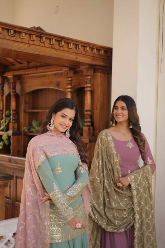 Dazzling Faux Georgette Sequins Embroidered Top Palazzo Suit - INDIAN ELEGANCE