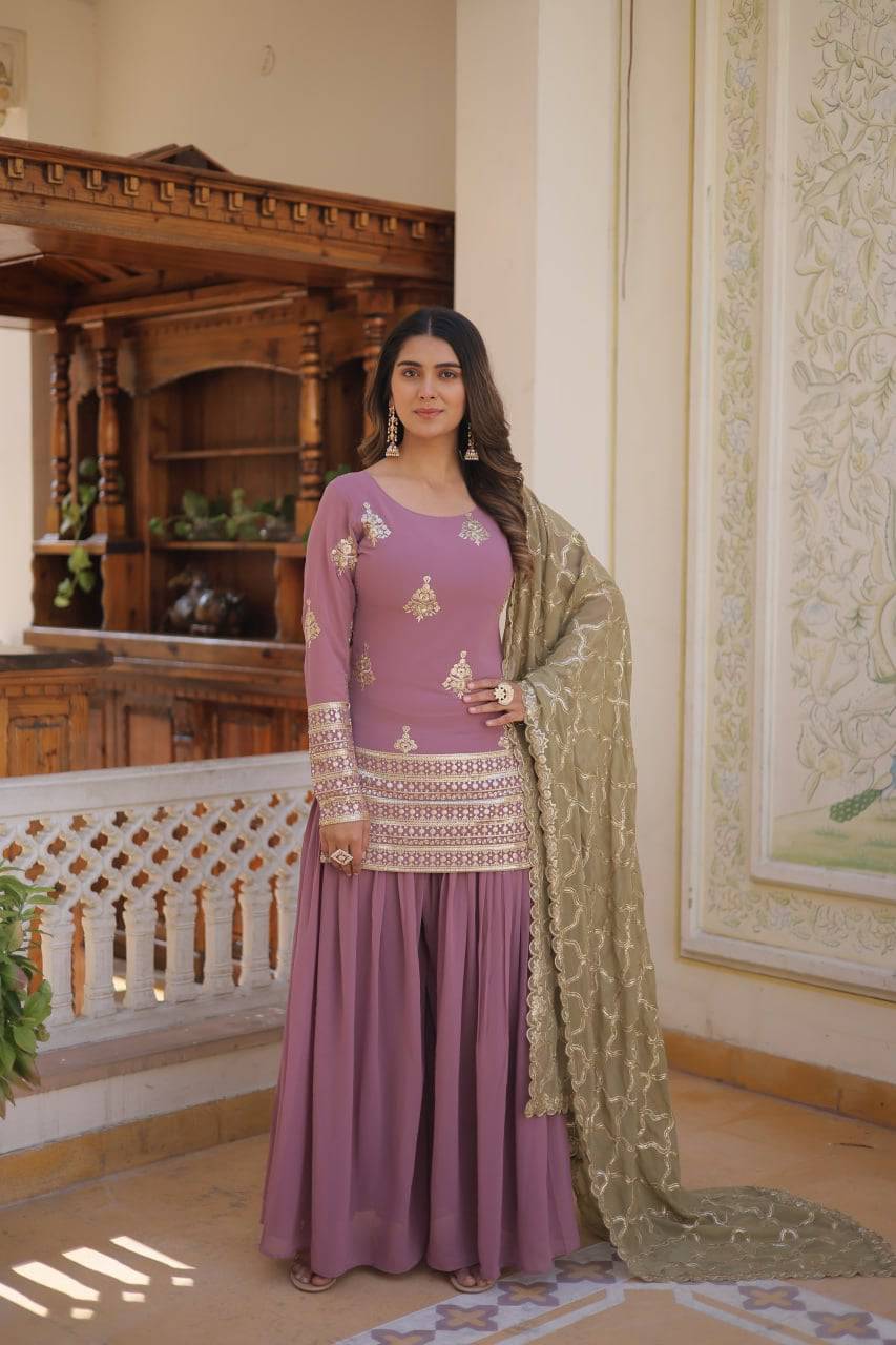 Dazzling Faux Georgette Sequins Embroidered Top Palazzo Suit - INDIAN ELEGANCE