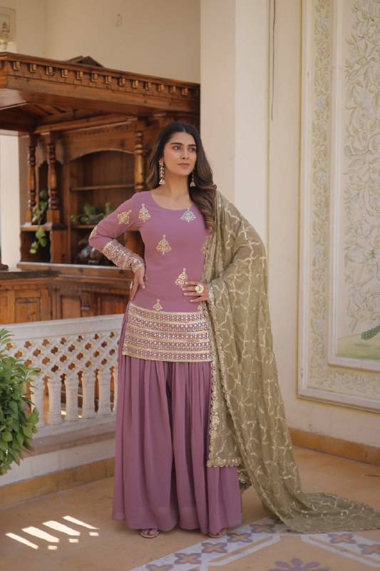 Dazzling Faux Georgette Sequins Embroidered Top Palazzo Suit - INDIAN ELEGANCE