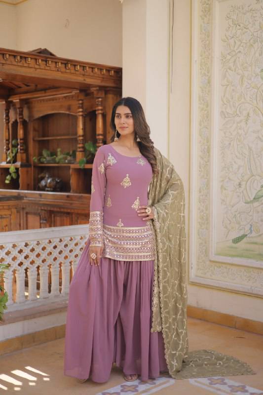 Dazzling Faux Georgette Sequins Embroidered Top Palazzo Suit - INDIAN ELEGANCE