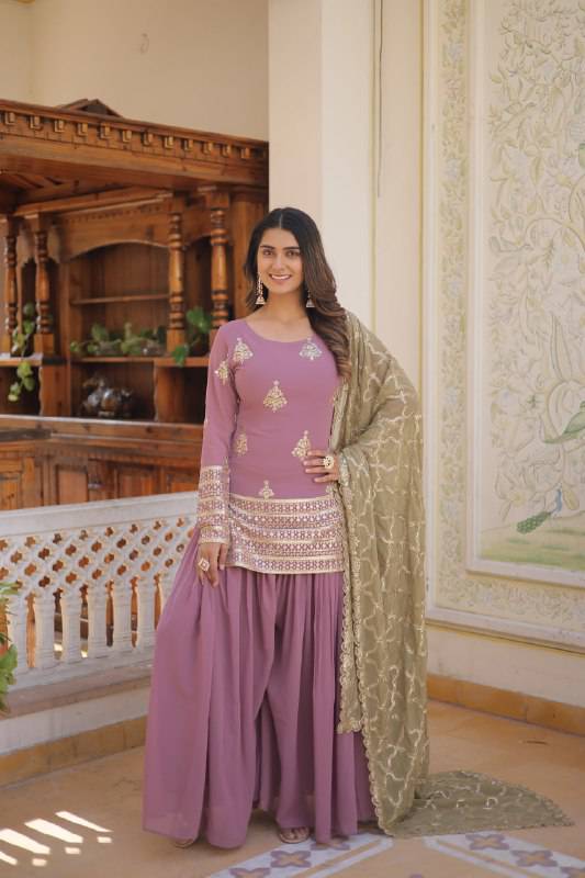 Dazzling Faux Georgette Sequins Embroidered Top Palazzo Suit - INDIAN ELEGANCE