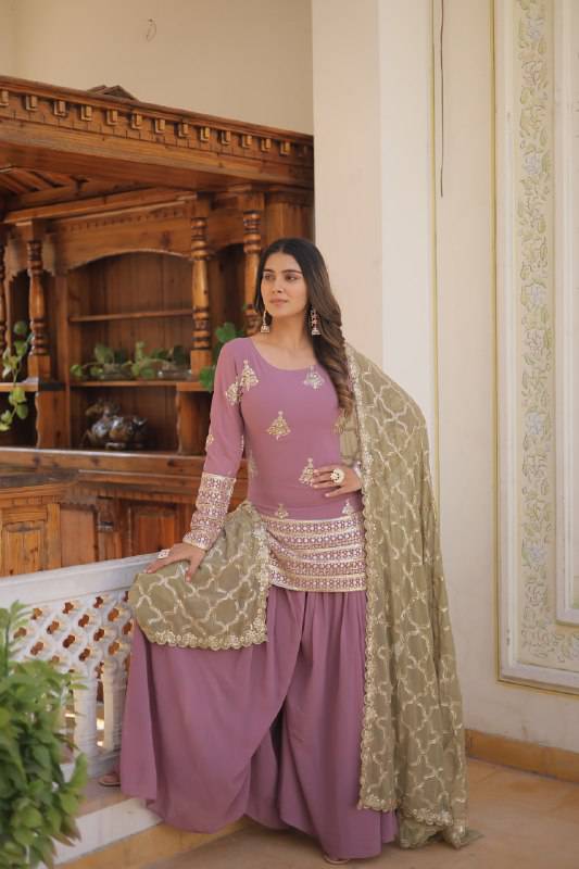 Dazzling Faux Georgette Sequins Embroidered Top Palazzo Suit - INDIAN ELEGANCE