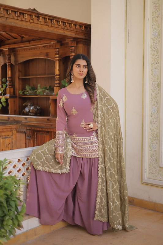 Dazzling Faux Georgette Sequins Embroidered Top Palazzo Suit - INDIAN ELEGANCE