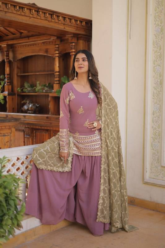 Dazzling Faux Georgette Sequins Embroidered Top Palazzo Suit - INDIAN ELEGANCE