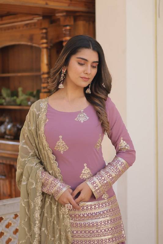 Dazzling Faux Georgette Sequins Embroidered Top Palazzo Suit - INDIAN ELEGANCE