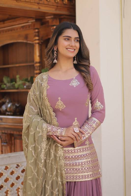 Dazzling Faux Georgette Sequins Embroidered Top Palazzo Suit - INDIAN ELEGANCE