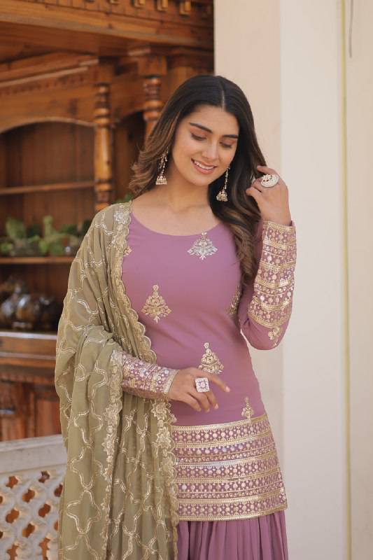 Dazzling Faux Georgette Sequins Embroidered Top Palazzo Suit - INDIAN ELEGANCE