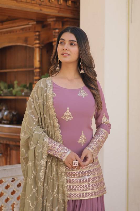 Dazzling Faux Georgette Sequins Embroidered Top Palazzo Suit - INDIAN ELEGANCE