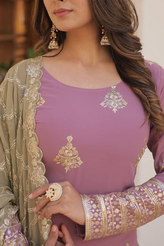 Dazzling Faux Georgette Sequins Embroidered Top Palazzo Suit - INDIAN ELEGANCE