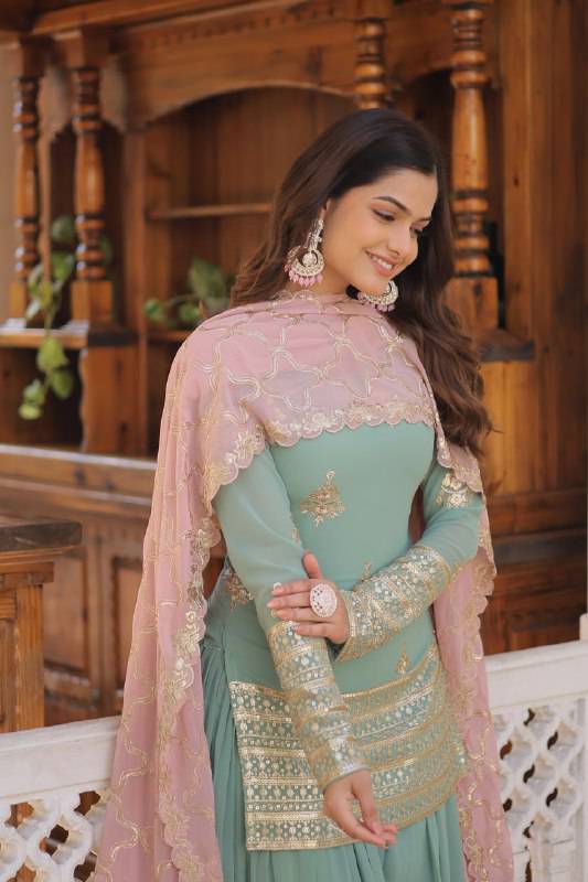 Dazzling Faux Georgette Sequins Embroidered Top Palazzo Suit - INDIAN ELEGANCE