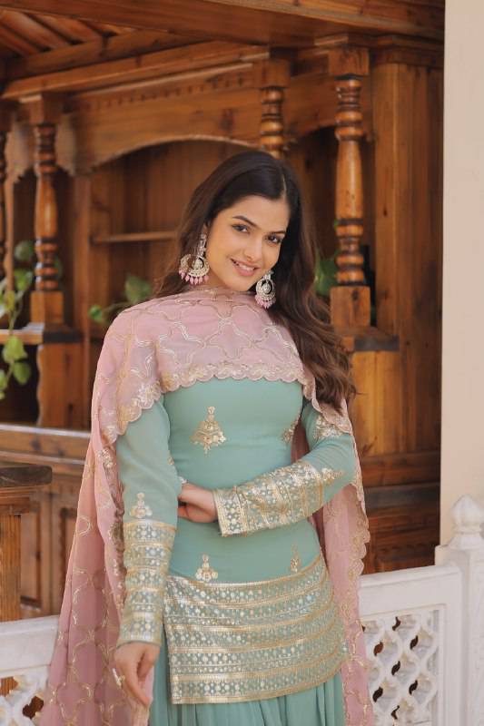 Dazzling Faux Georgette Sequins Embroidered Top Palazzo Suit - INDIAN ELEGANCE