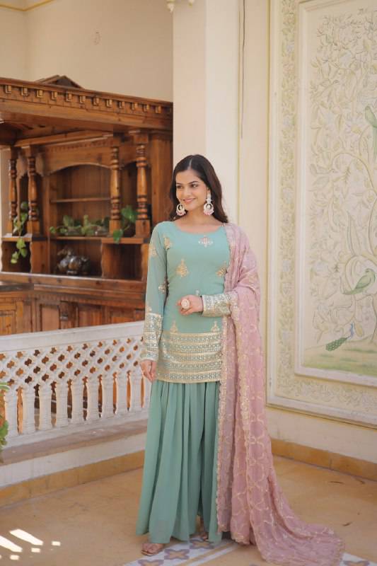 Dazzling Faux Georgette Sequins Embroidered Top Palazzo Suit - INDIAN ELEGANCE