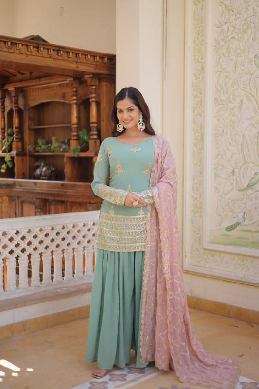 Dazzling Faux Georgette Sequins Embroidered Top Palazzo Suit - INDIAN ELEGANCE