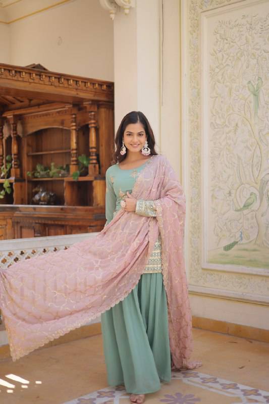 Dazzling Faux Georgette Sequins Embroidered Top Palazzo Suit - INDIAN ELEGANCE