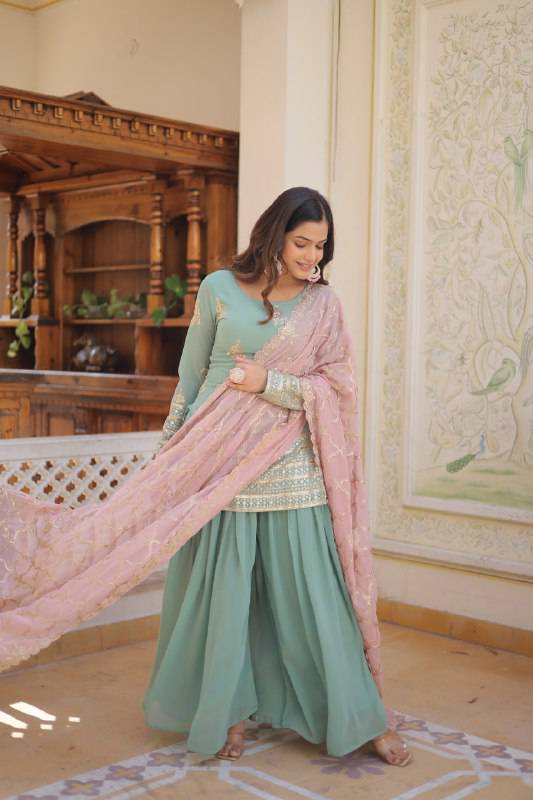 Dazzling Faux Georgette Sequins Embroidered Top Palazzo Suit - INDIAN ELEGANCE