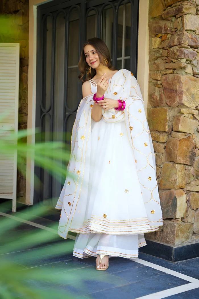 White Faux Georgette Anarkali Suit Set for Women