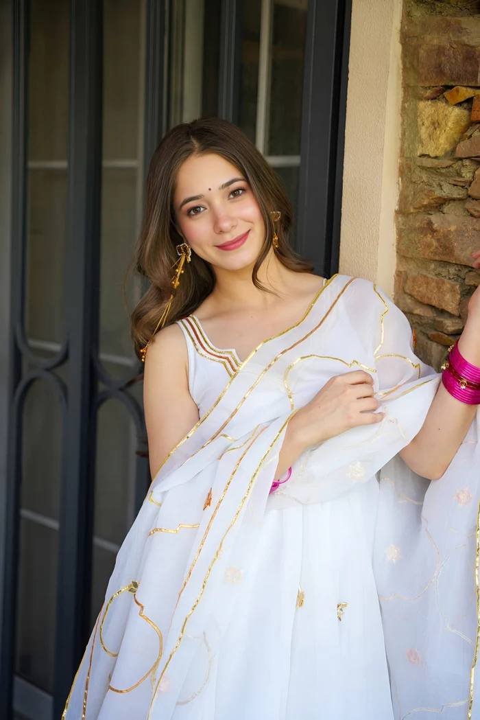 White Faux Georgette Anarkali Suit Set for Women
