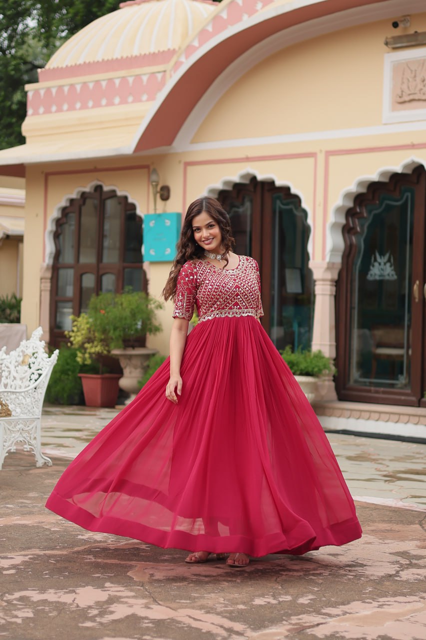 Radiant Faux Georgette Zari Sequins Worked Designer Gown - INDIAN ELEGANCE