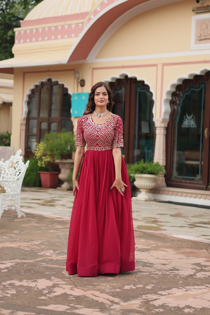 Radiant Faux Georgette Zari Sequins Worked Designer Gown - INDIAN ELEGANCE