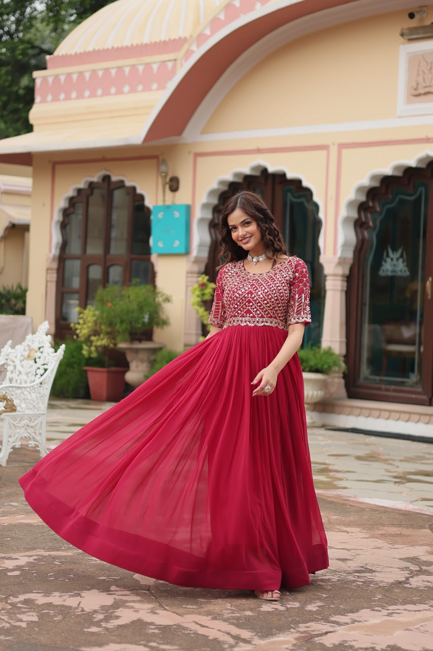 Radiant Faux Georgette Zari Sequins Worked Designer Gown - INDIAN ELEGANCE