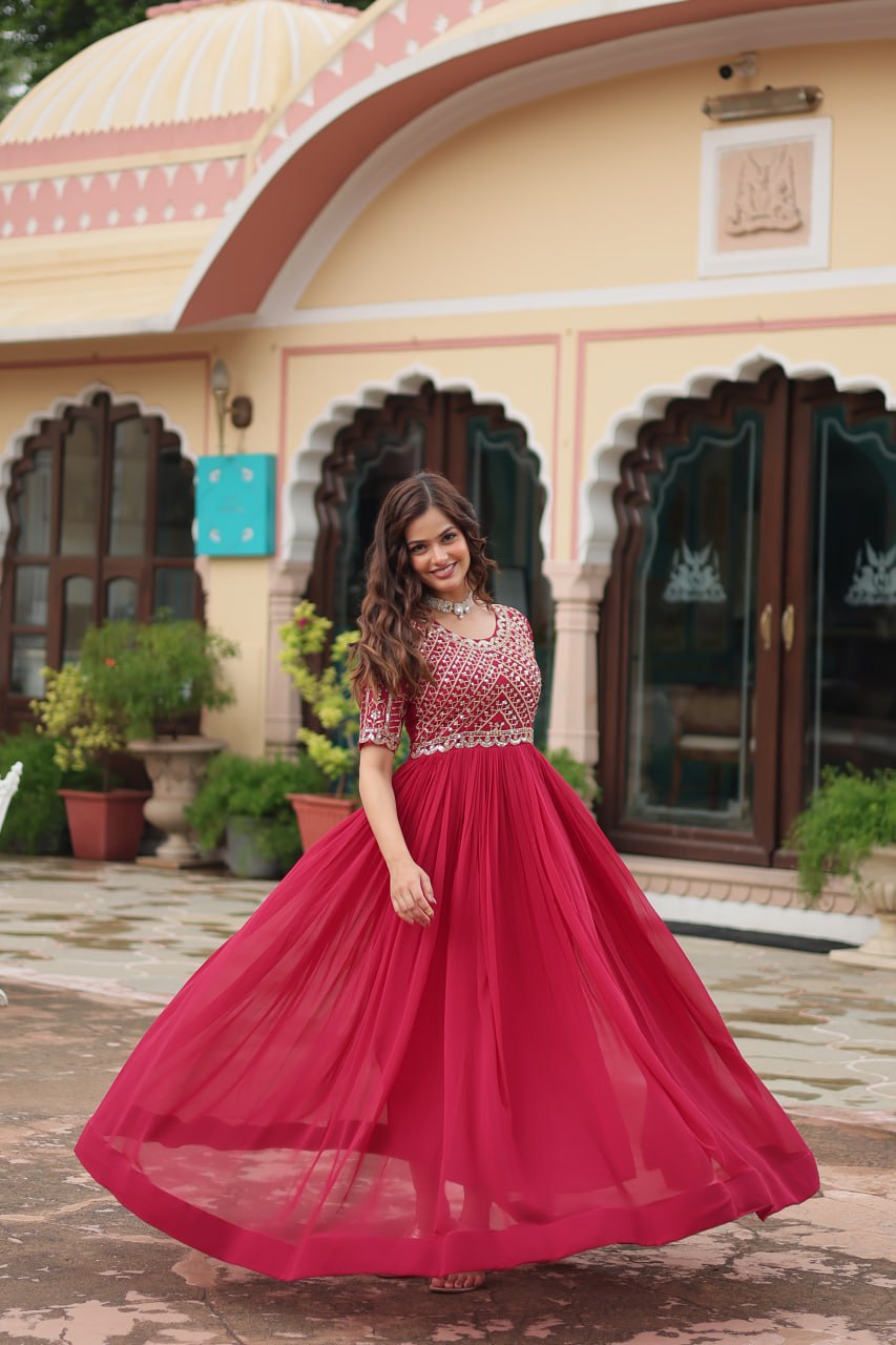 Radiant Faux Georgette Zari Sequins Worked Designer Gown - INDIAN ELEGANCE