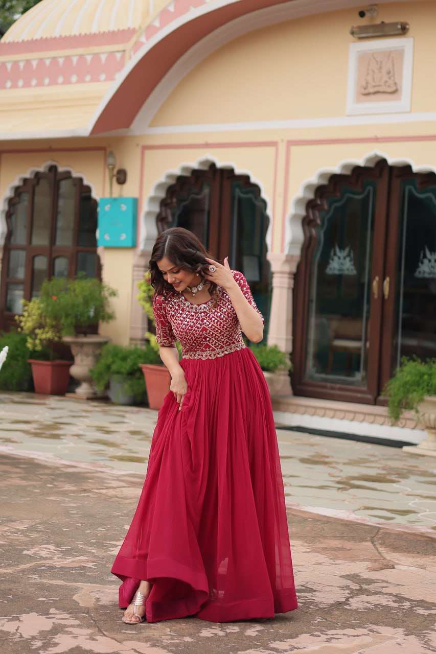 Radiant Faux Georgette Zari Sequins Worked Designer Gown - INDIAN ELEGANCE