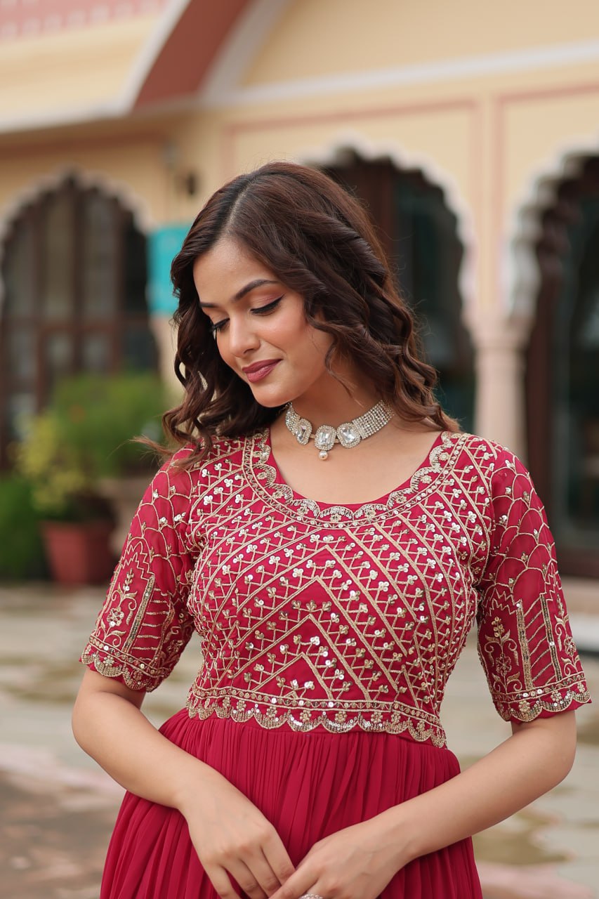 Radiant Faux Georgette Zari Sequins Worked Designer Gown - INDIAN ELEGANCE