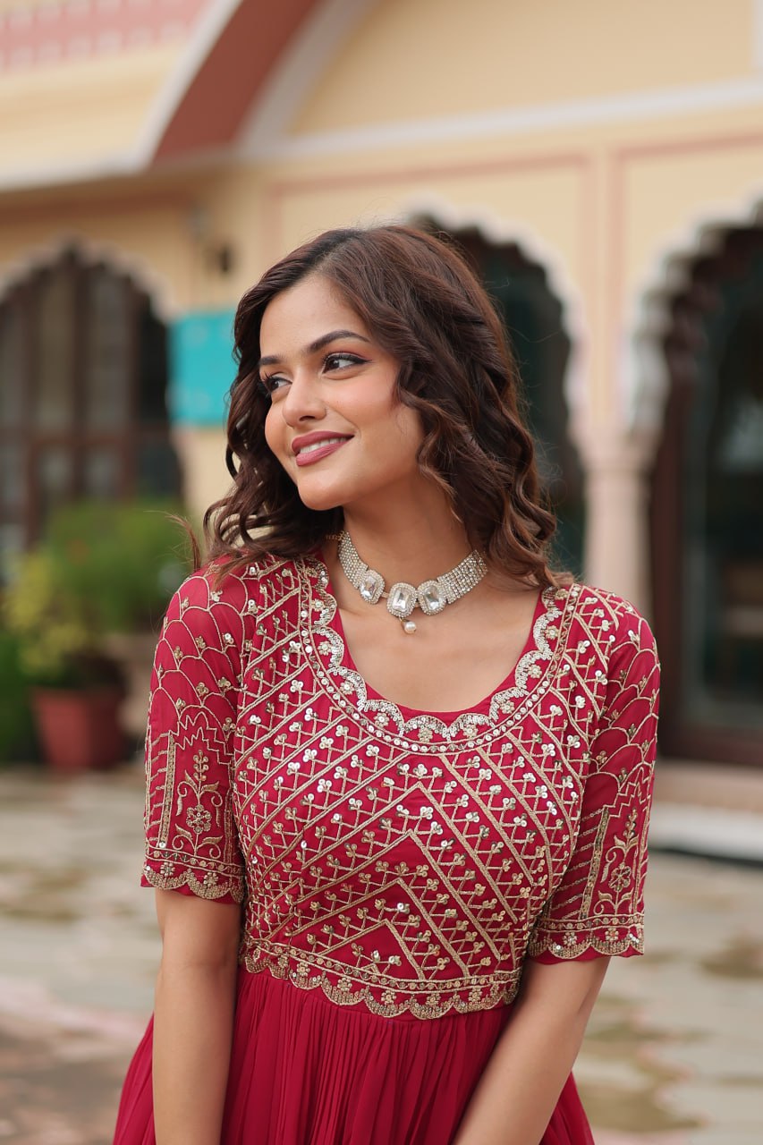 Radiant Faux Georgette Zari Sequins Worked Designer Gown - INDIAN ELEGANCE