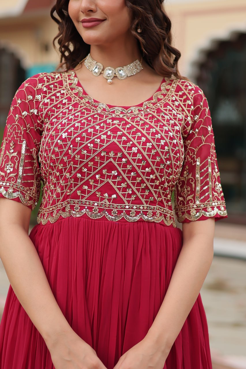 Radiant Faux Georgette Zari Sequins Worked Designer Gown - INDIAN ELEGANCE