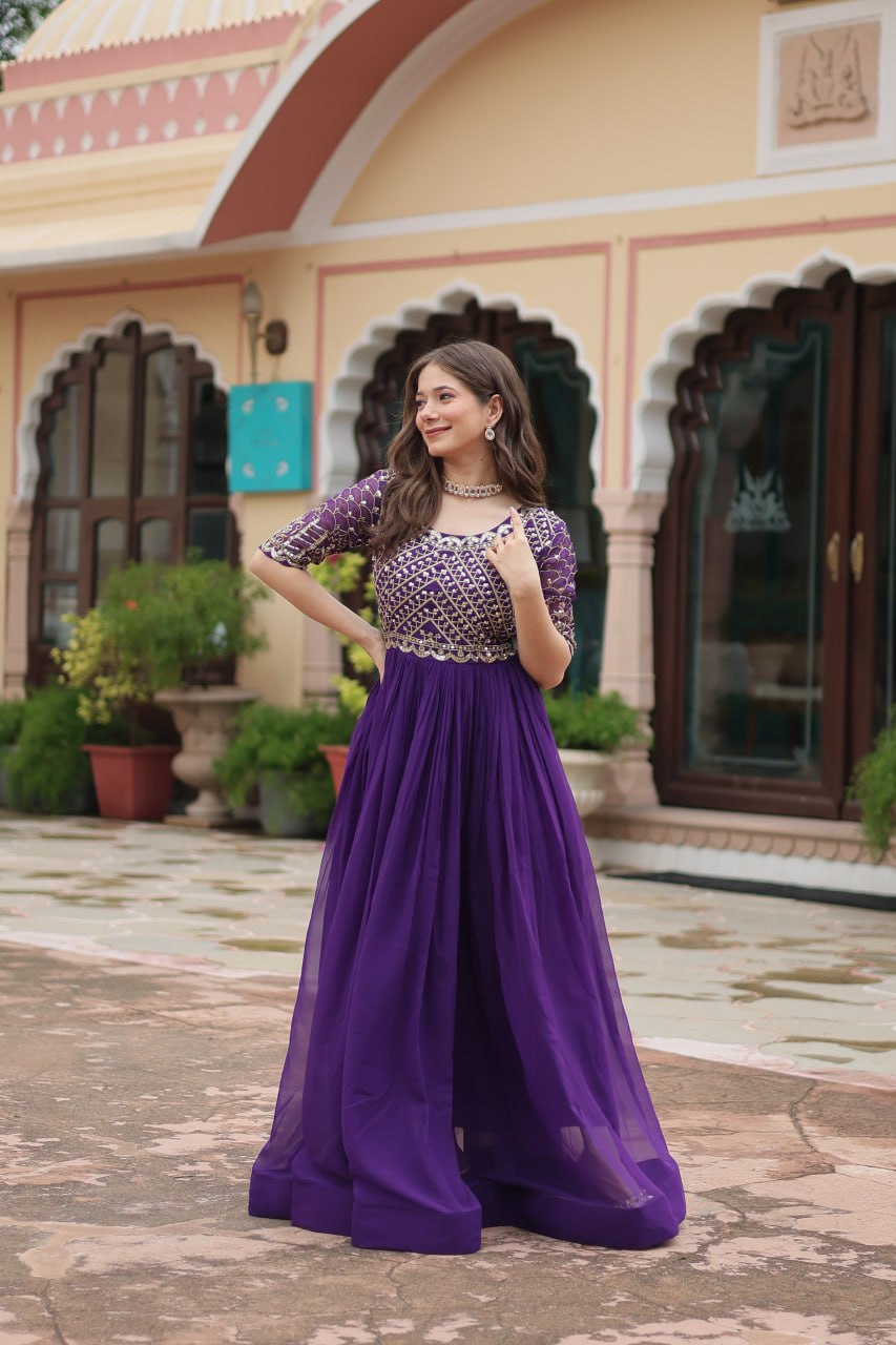 Radiant Faux Georgette Zari Sequins Worked Designer Gown - INDIAN ELEGANCE