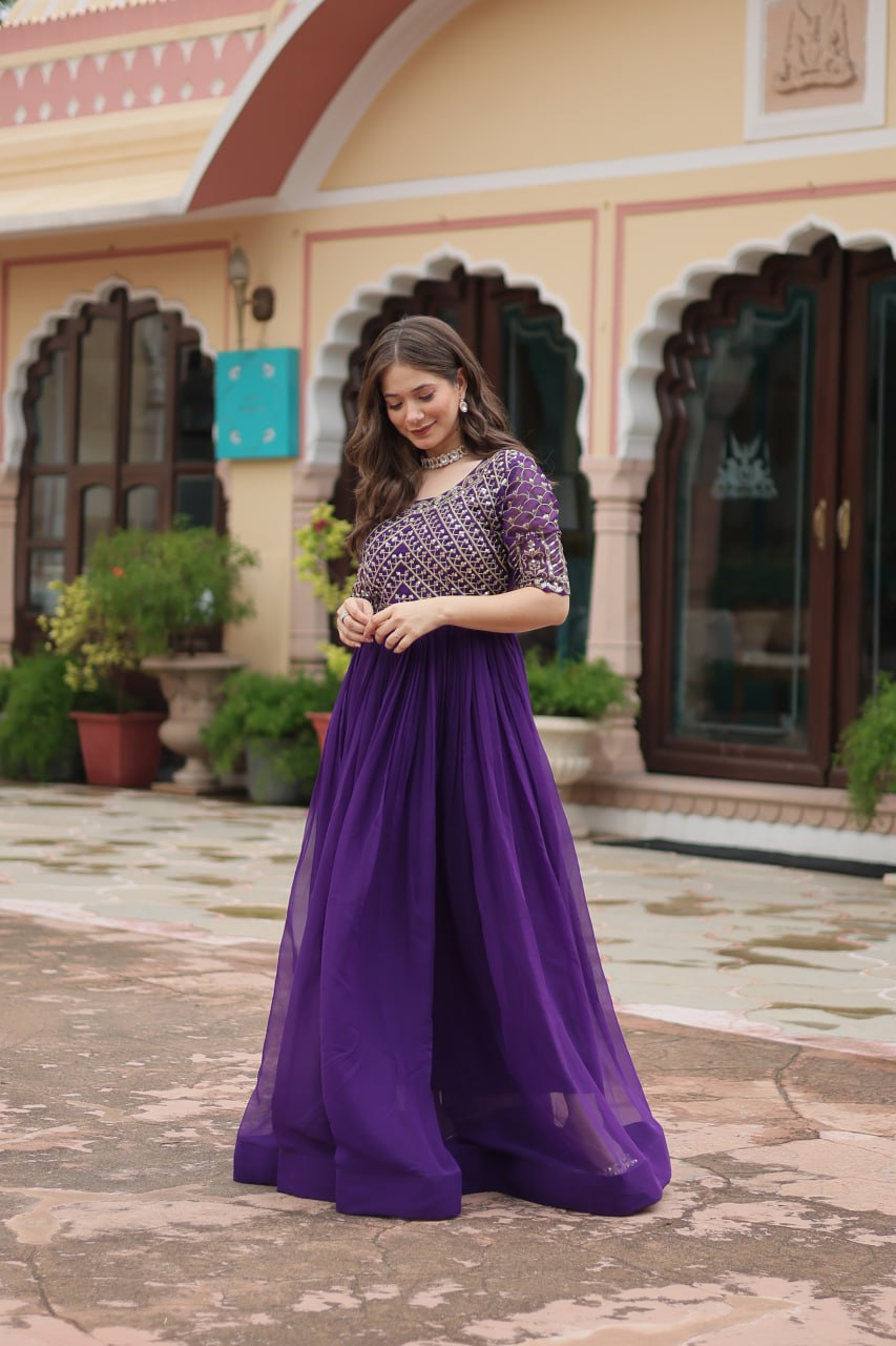 Radiant Faux Georgette Zari Sequins Worked Designer Gown - INDIAN ELEGANCE