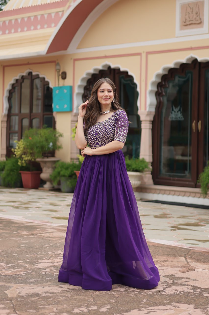 Radiant Faux Georgette Zari Sequins Worked Designer Gown - INDIAN ELEGANCE