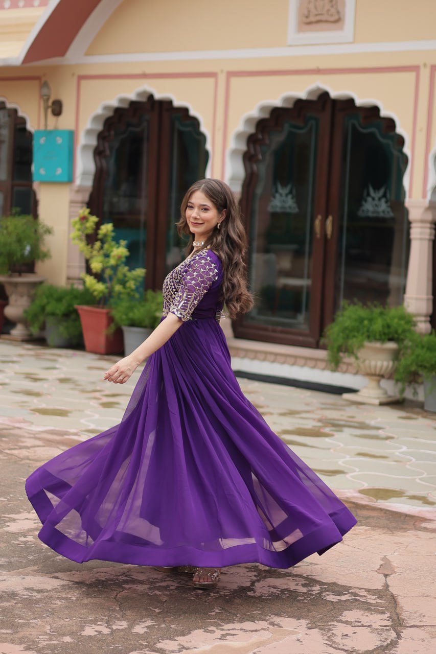 Radiant Faux Georgette Zari Sequins Worked Designer Gown - INDIAN ELEGANCE