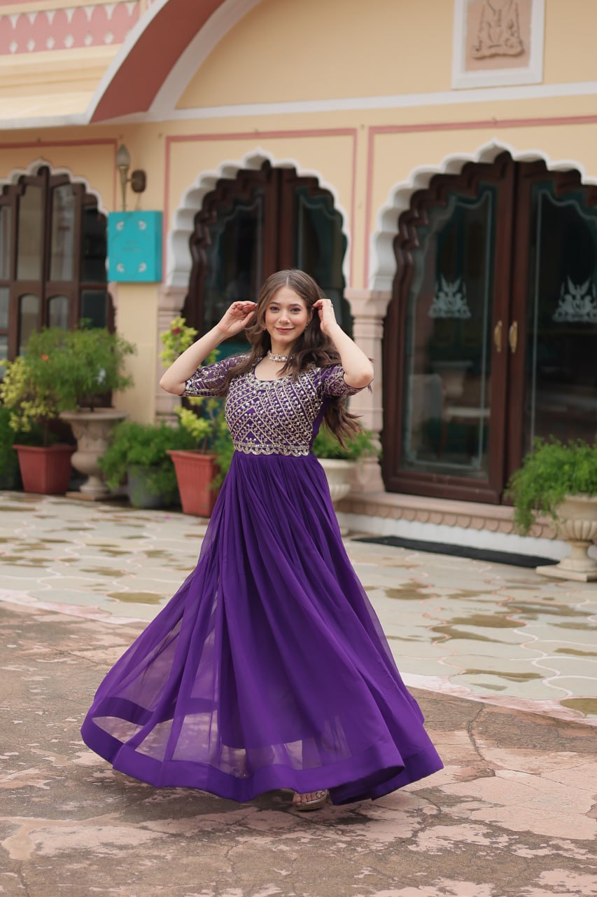 Radiant Faux Georgette Zari Sequins Worked Designer Gown - INDIAN ELEGANCE