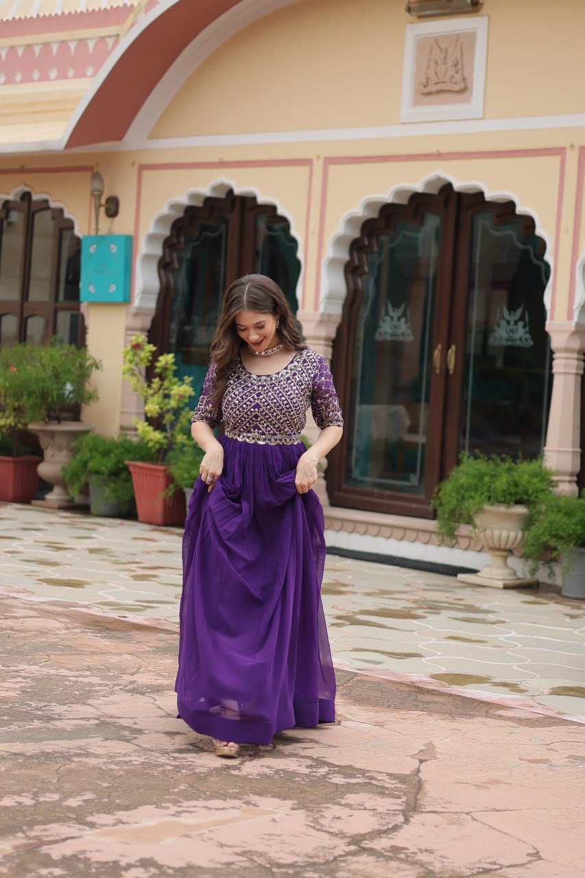 Radiant Faux Georgette Zari Sequins Worked Designer Gown - INDIAN ELEGANCE