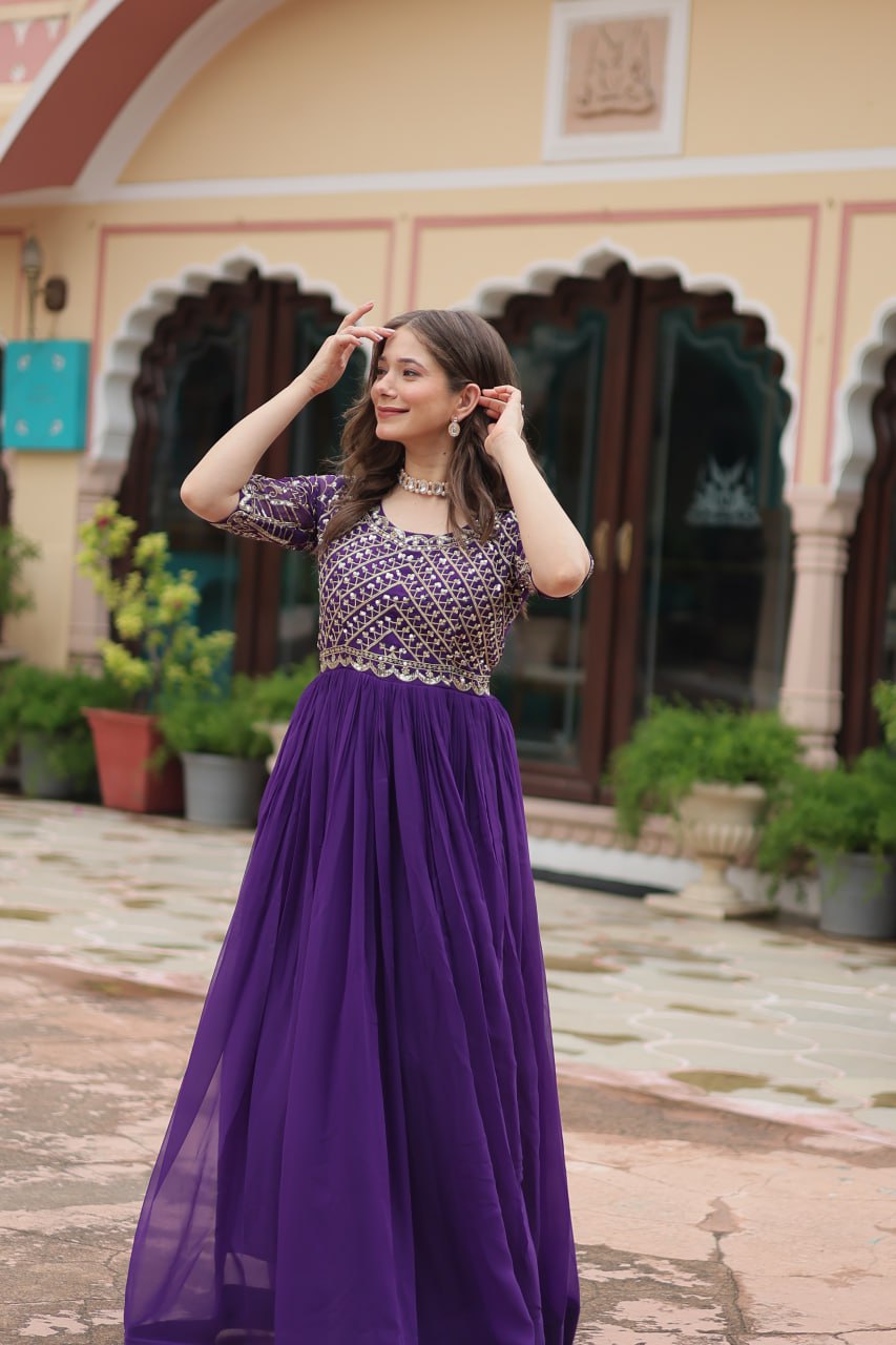 Radiant Faux Georgette Zari Sequins Worked Designer Gown - INDIAN ELEGANCE